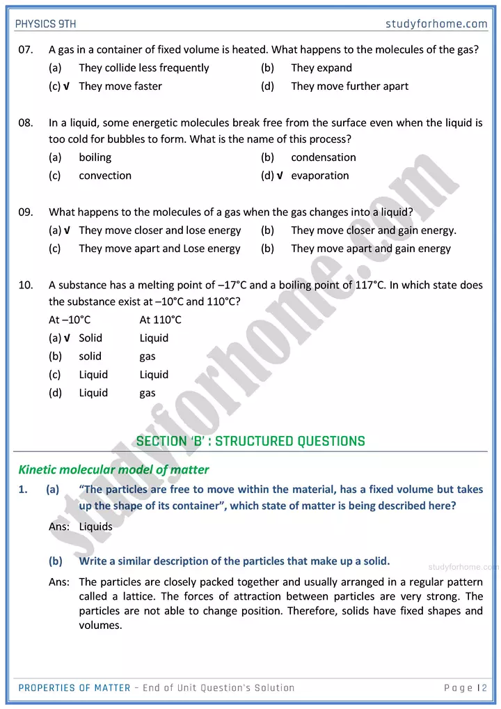 properties of matter end of unit questions solution physics class 9th 02