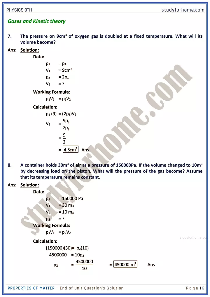 properties of matter end of unit questions solution physics class 9th 06