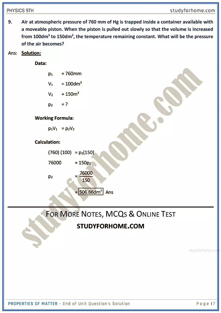 properties of matter end of unit questions solution physics class 9th 07