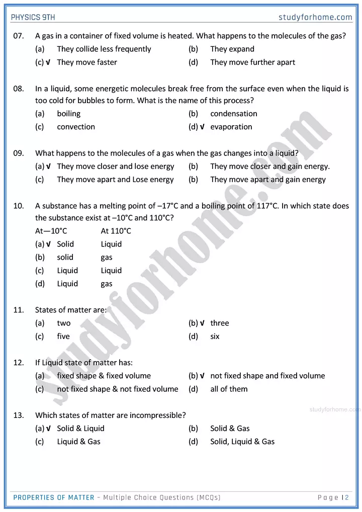 properties of matter multiple choice questions physics class 9th 02