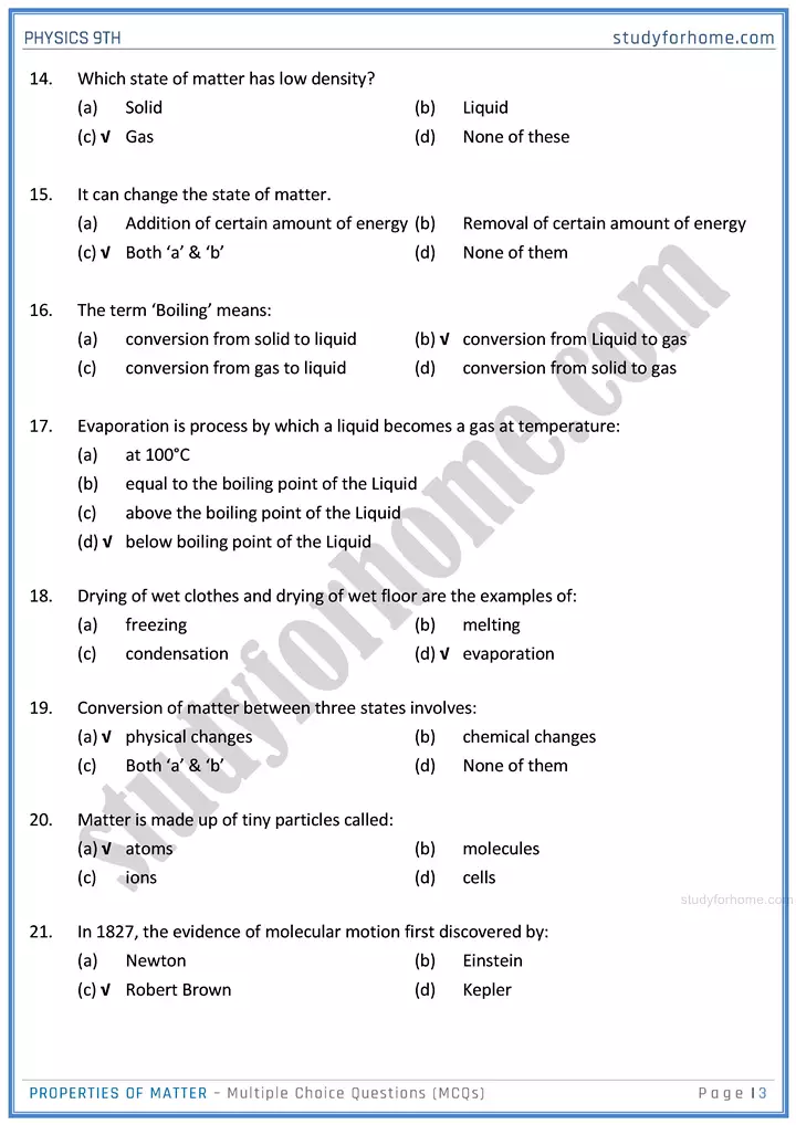 properties of matter multiple choice questions physics class 9th 03