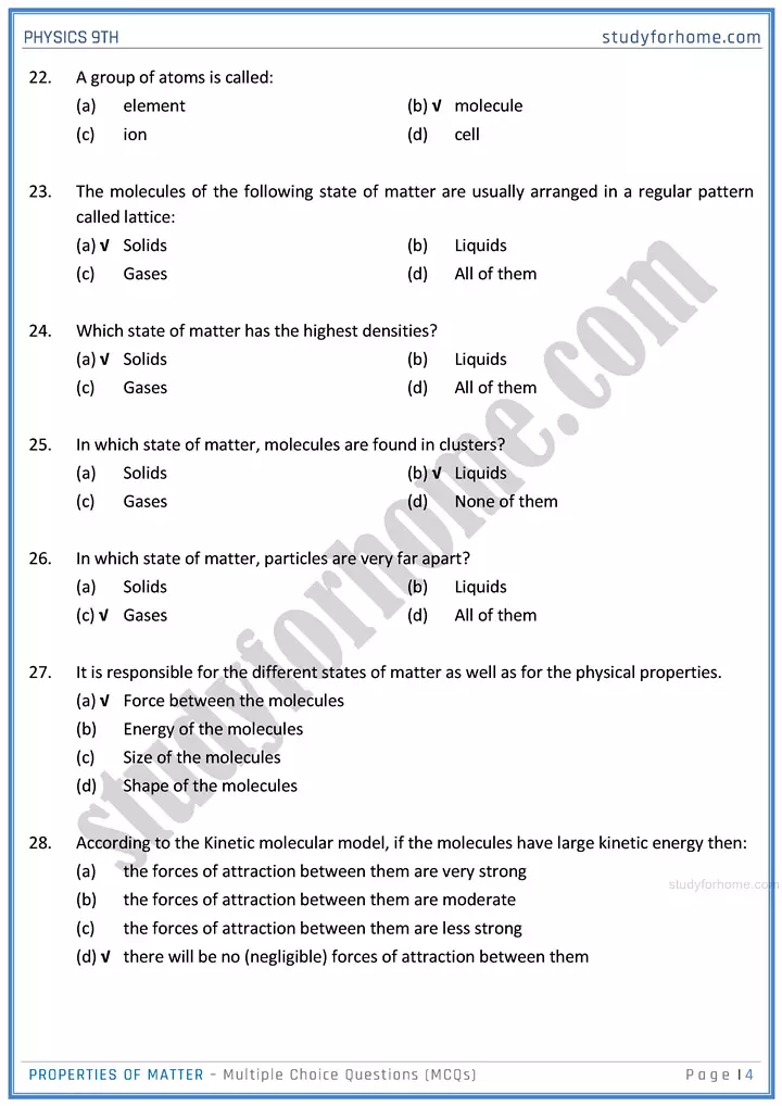 properties of matter multiple choice questions physics class 9th 04