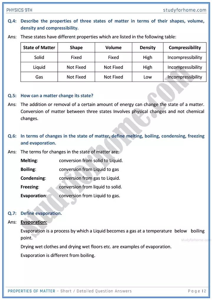 properties of matter short and detailed answer questions physics class 9th 02