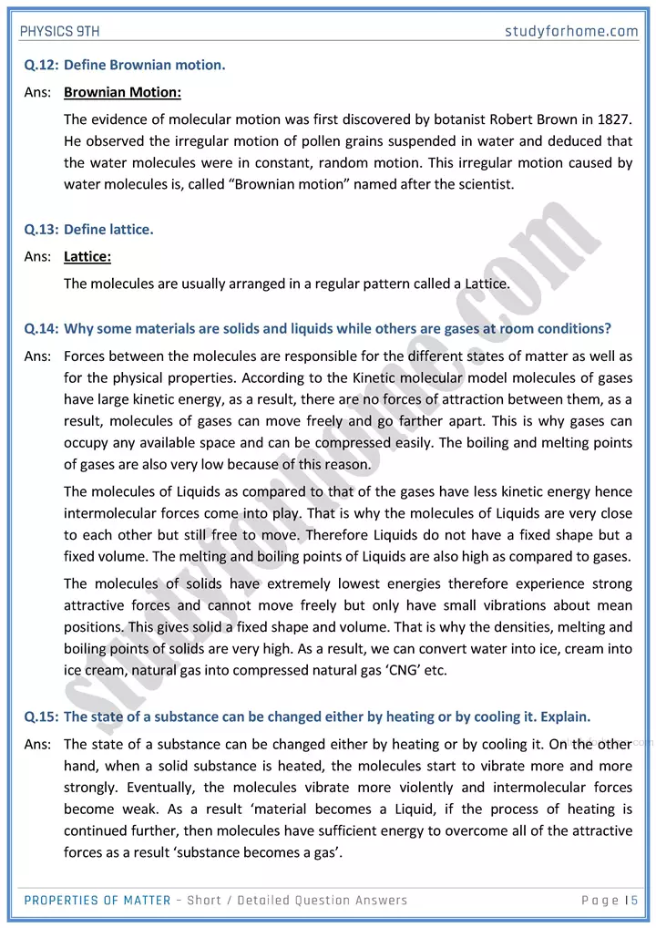 properties of matter short and detailed answer questions physics class 9th 05