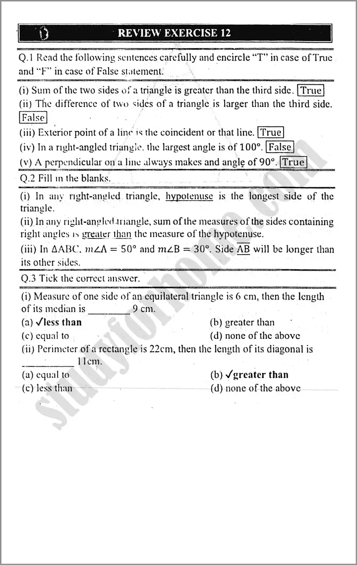 sides and angles of a triangle review exercise 12 mathematics class 9th 01