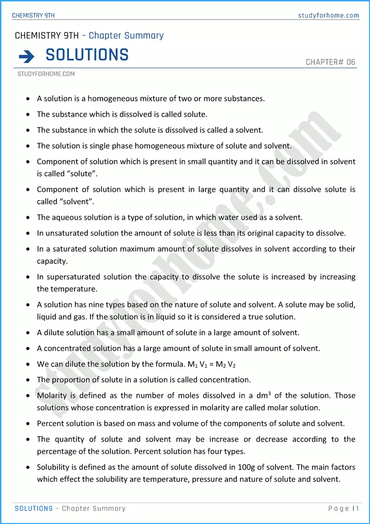 solutions-chapter-summary-chemistry-class-9th