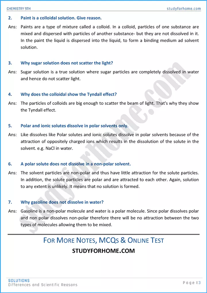 solutions differences and scientific reasons chemistry class 9th 03