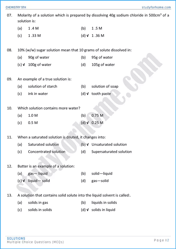 solutions multiple choice questions chemistry class 9th 02