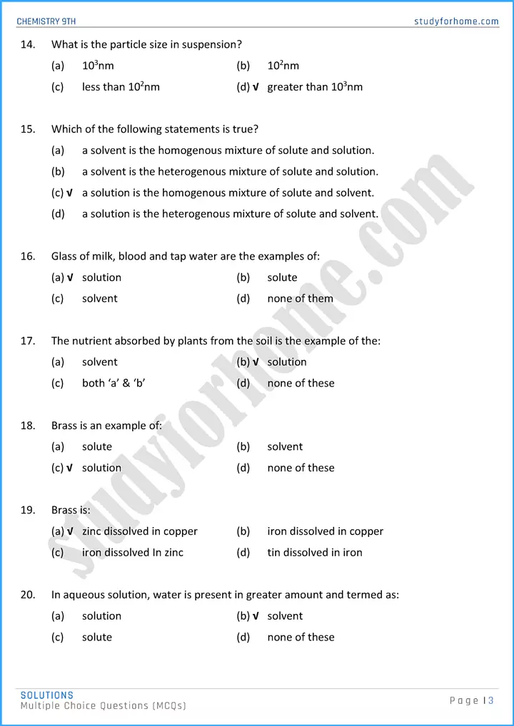 solutions multiple choice questions chemistry class 9th 03