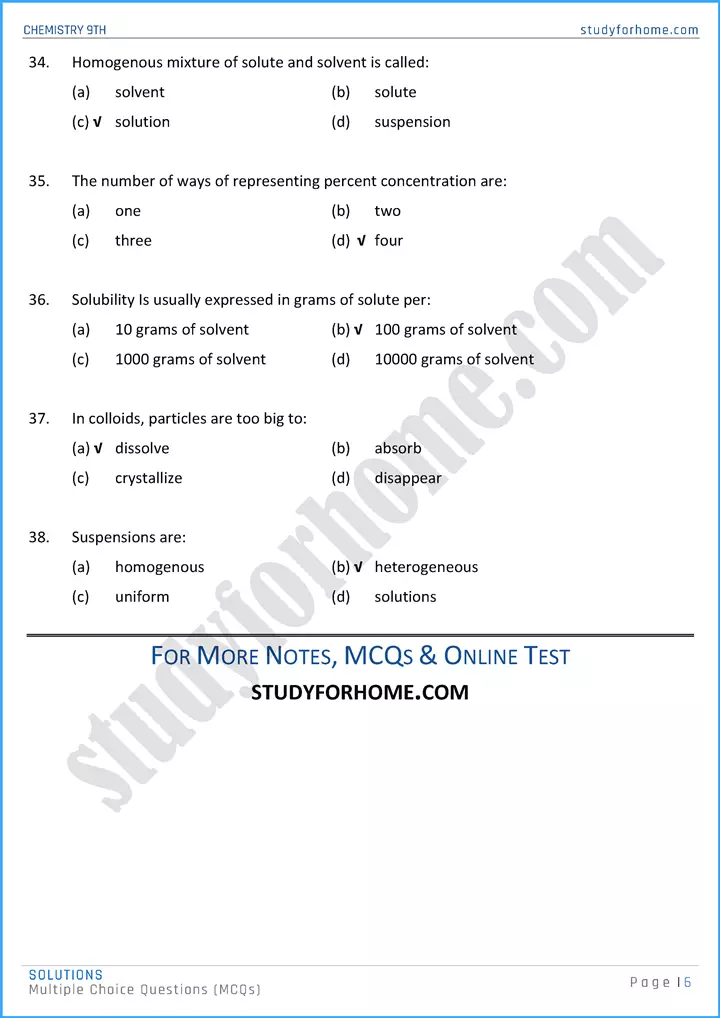 solutions multiple choice questions chemistry class 9th 06