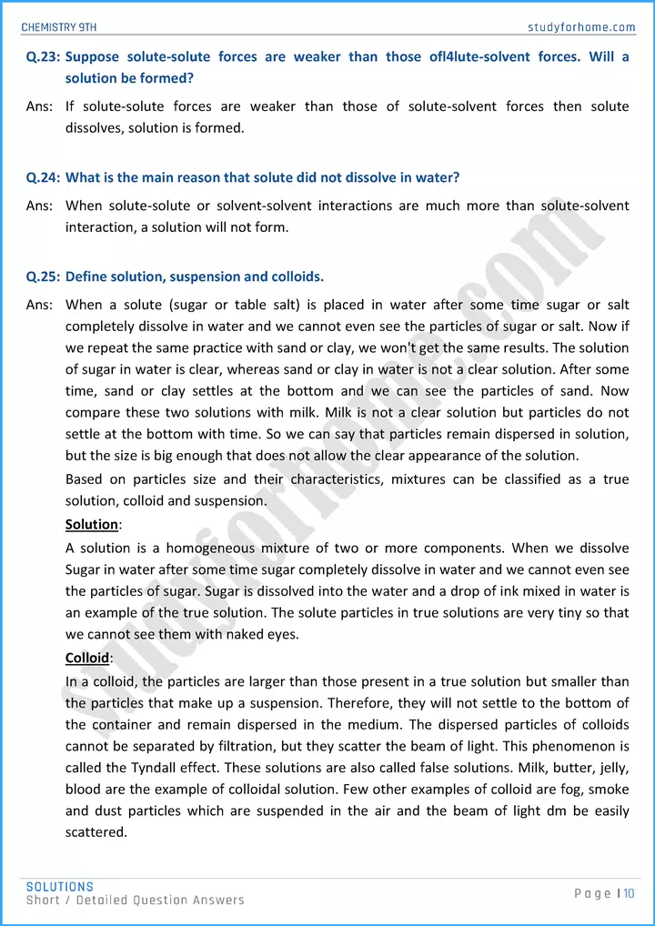 solutions short and detailed question answers chemistry class 9th 10