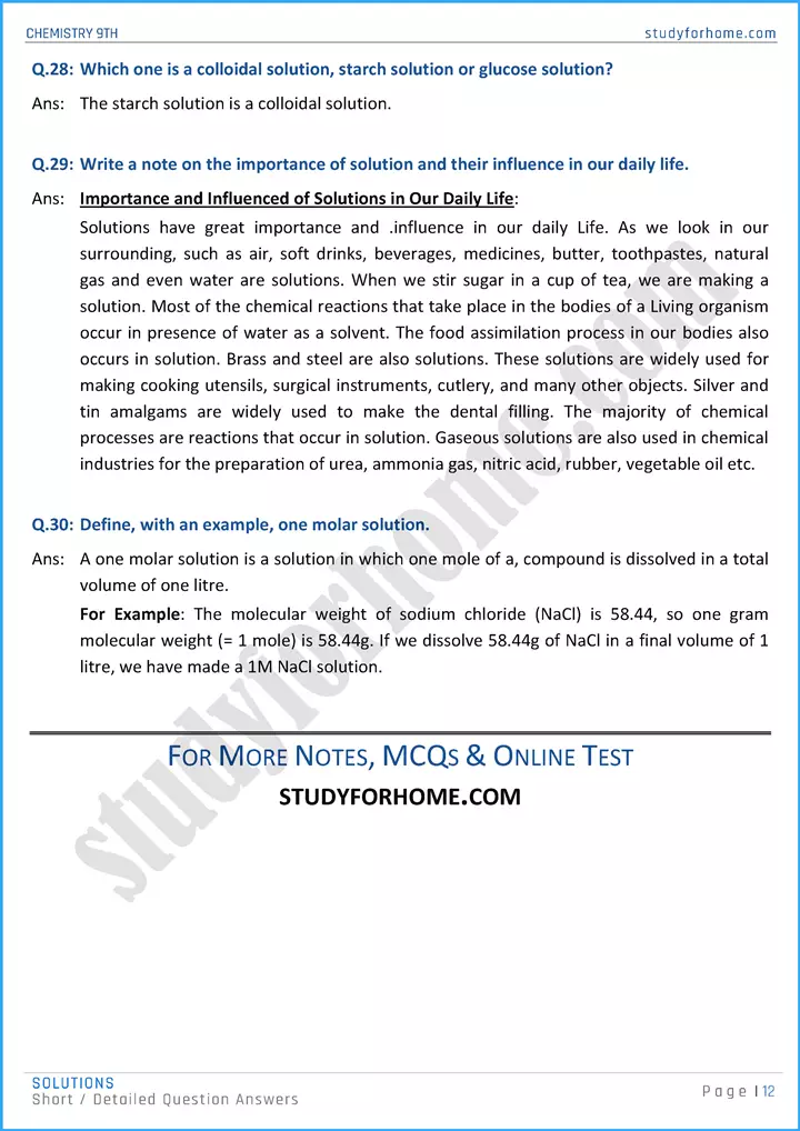 solutions short and detailed question answers chemistry class 9th 12