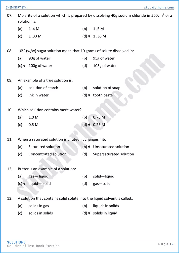 solutions solution of text book exercise chemistry class 9th 02