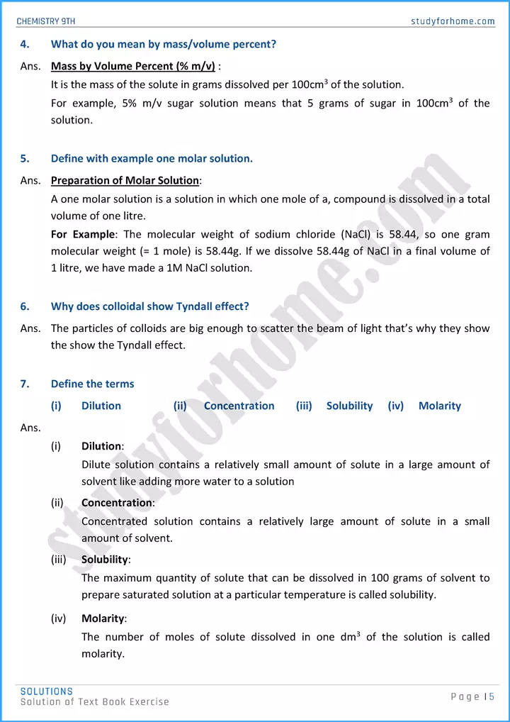 solutions solution of text book exercise chemistry class 9th 05