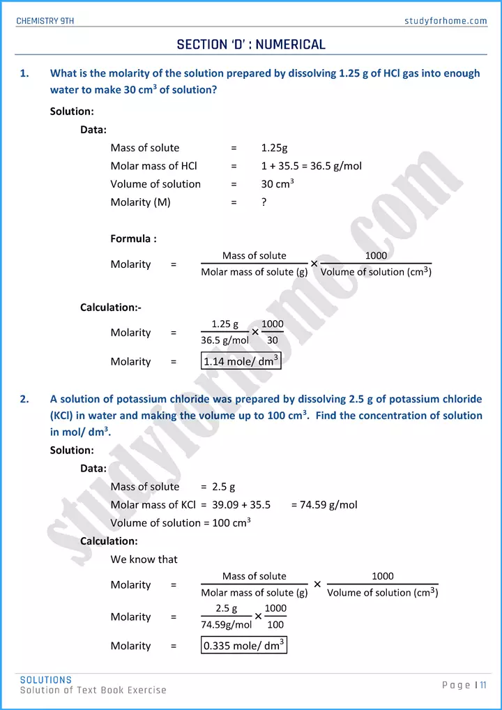 solutions solution of text book exercise chemistry class 9th 11