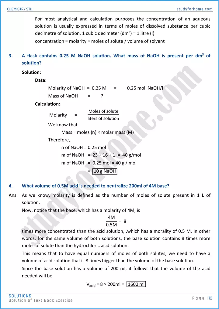 solutions solution of text book exercise chemistry class 9th 12