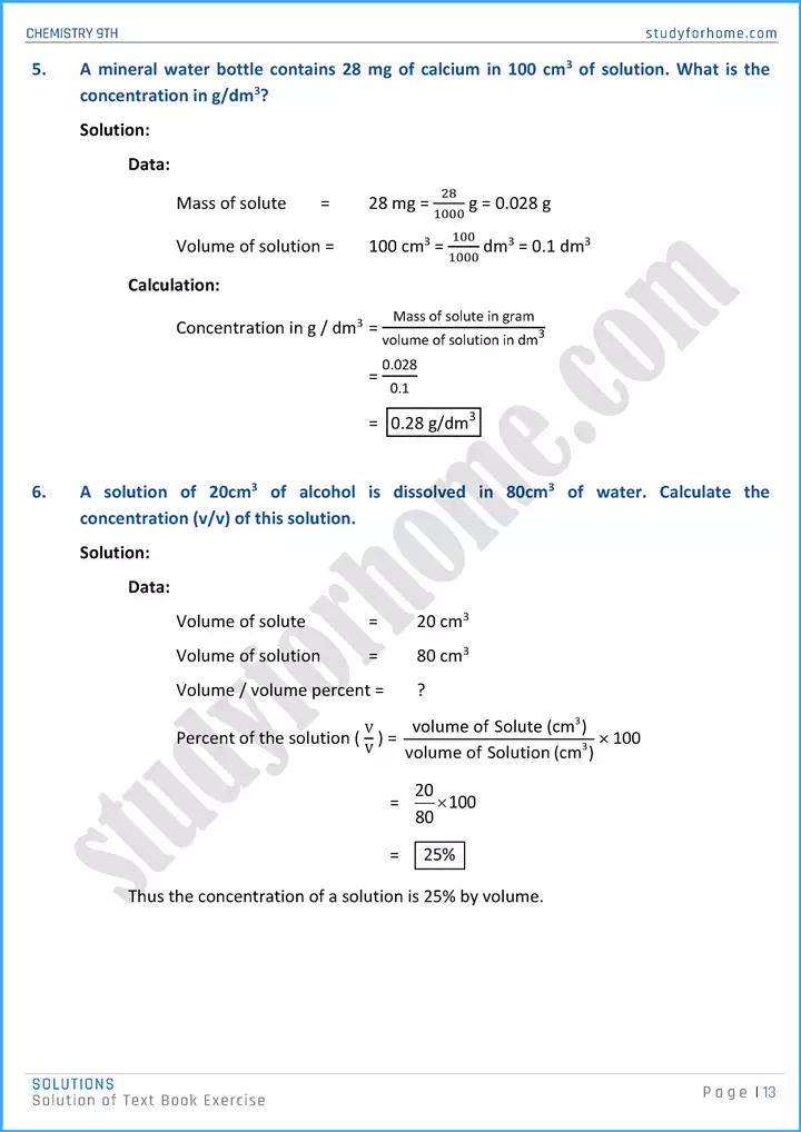 solutions solution of text book exercise chemistry class 9th 13