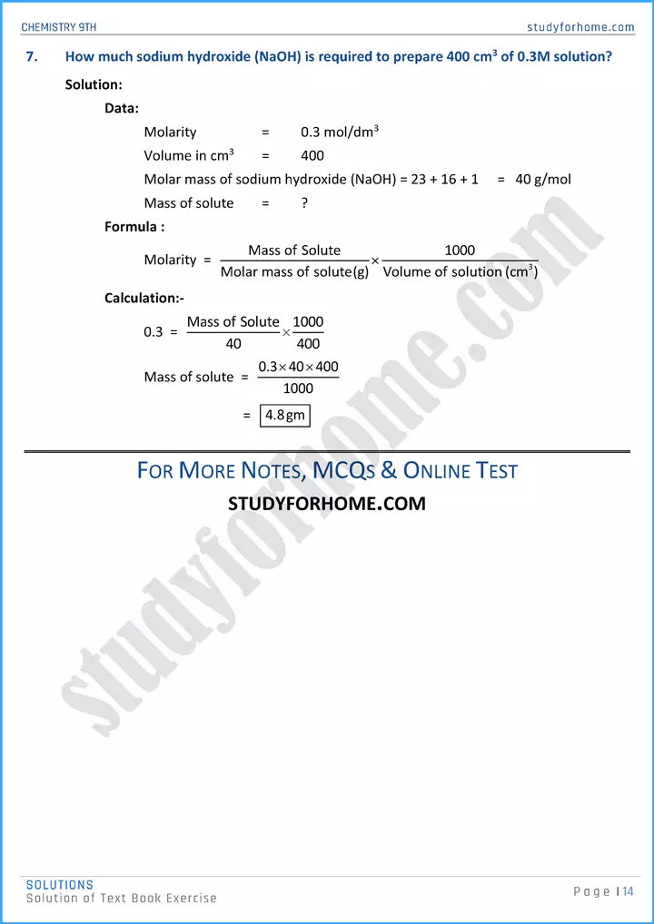 solutions solution of text book exercise chemistry class 9th 14