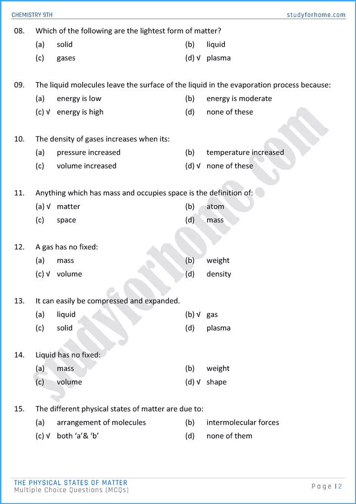 the physical states of matter multiple choice questions chemistry class 9th 02