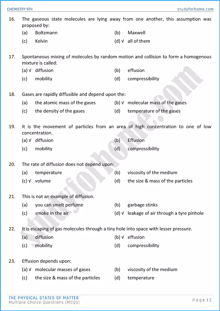 the physical states of matter multiple choice questions chemistry class 9th 03