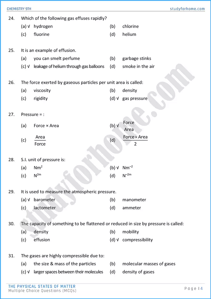 the physical states of matter multiple choice questions chemistry class 9th 04