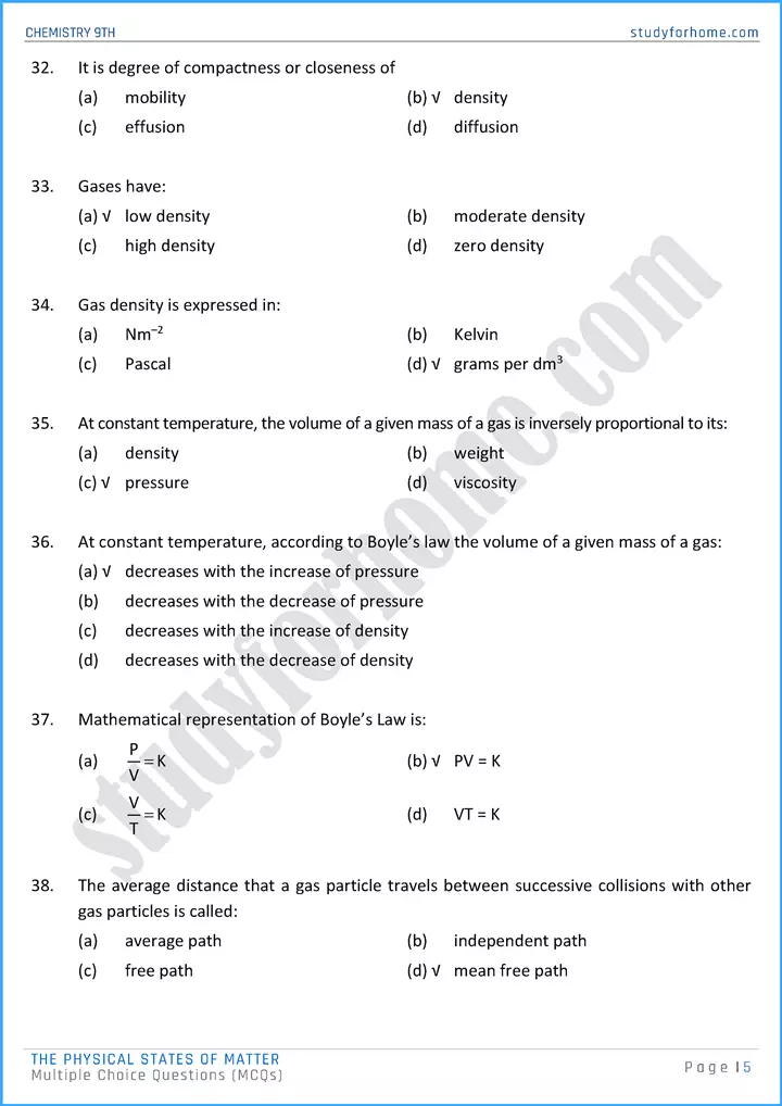 the physical states of matter multiple choice questions chemistry class 9th 05