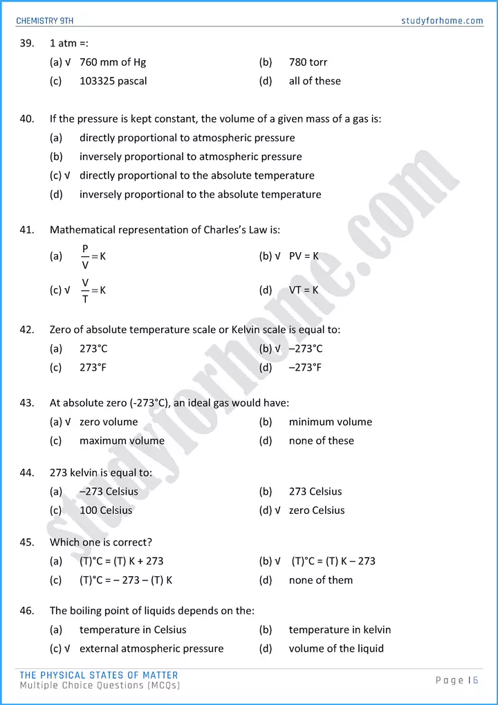 the physical states of matter multiple choice questions chemistry class 9th 06