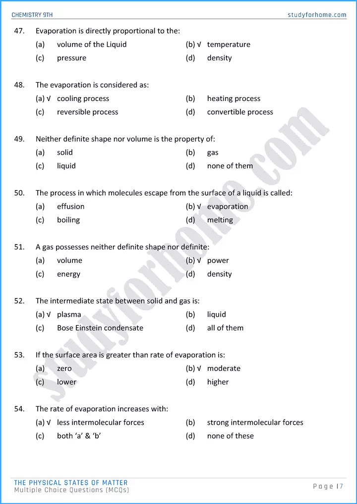 the physical states of matter multiple choice questions chemistry class 9th 07