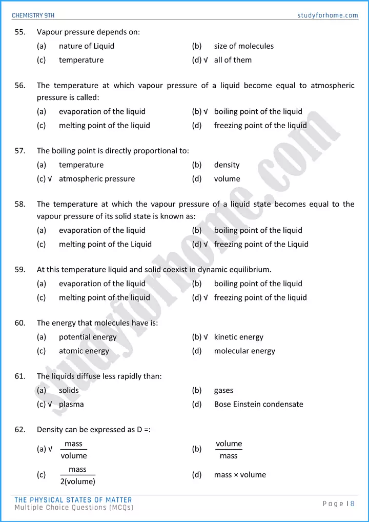 the physical states of matter multiple choice questions chemistry class 9th 08