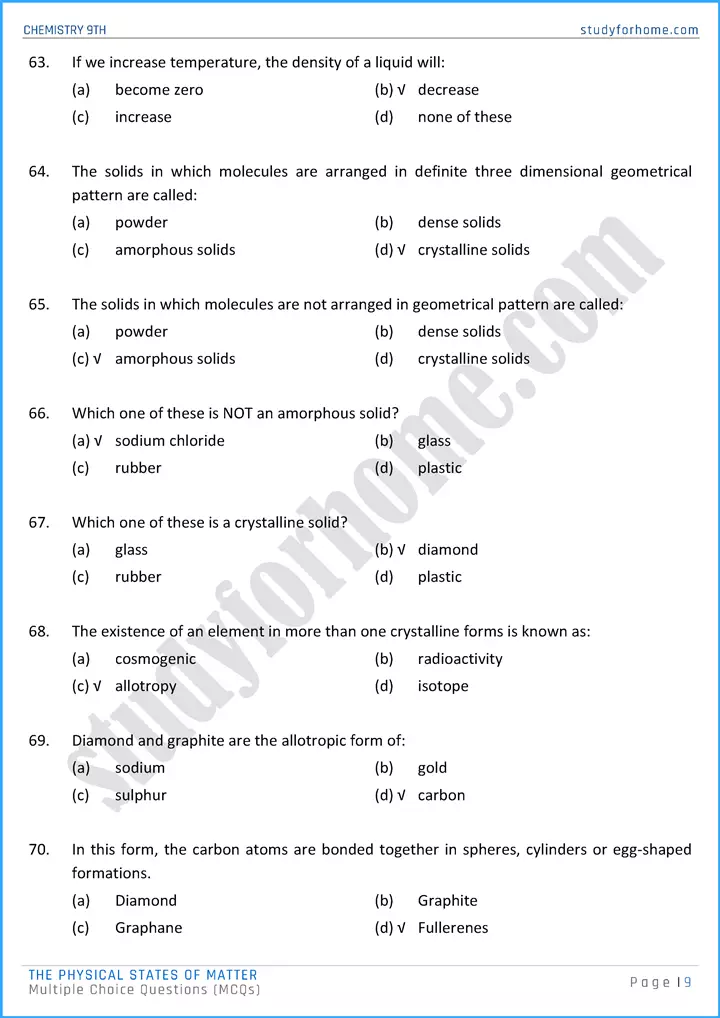 the physical states of matter multiple choice questions chemistry class 9th 09