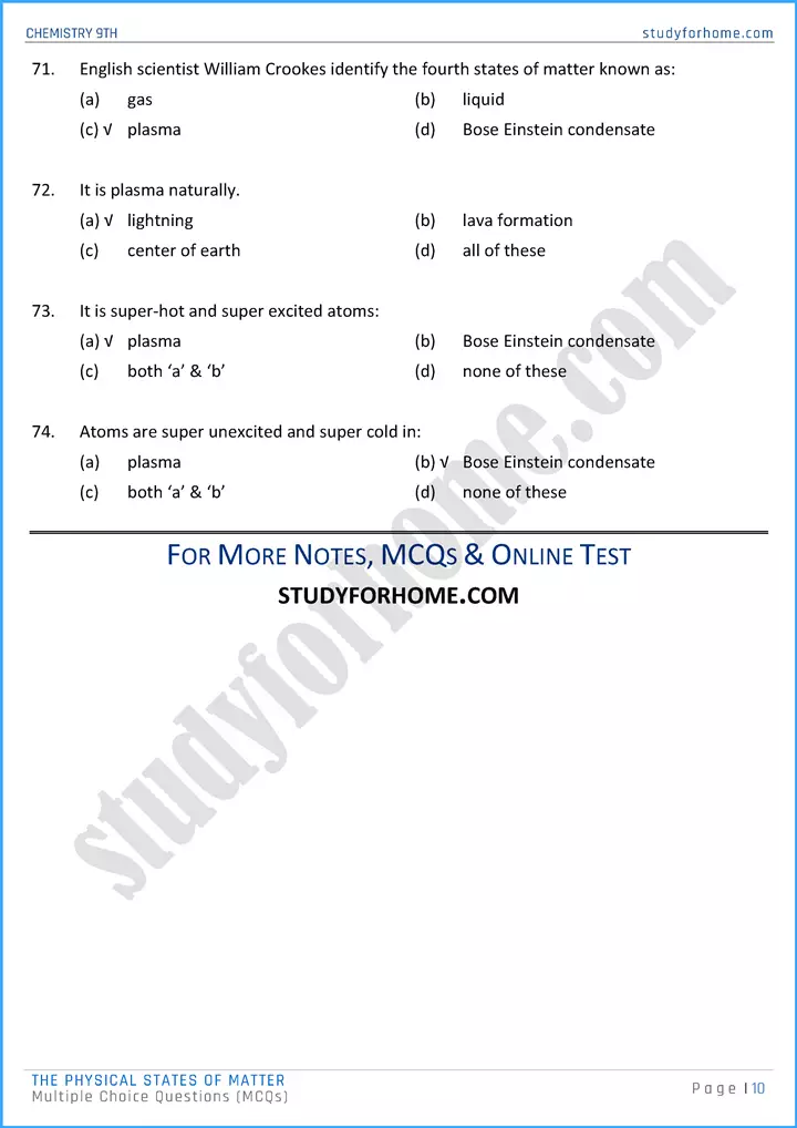 the physical states of matter multiple choice questions chemistry class 9th 10