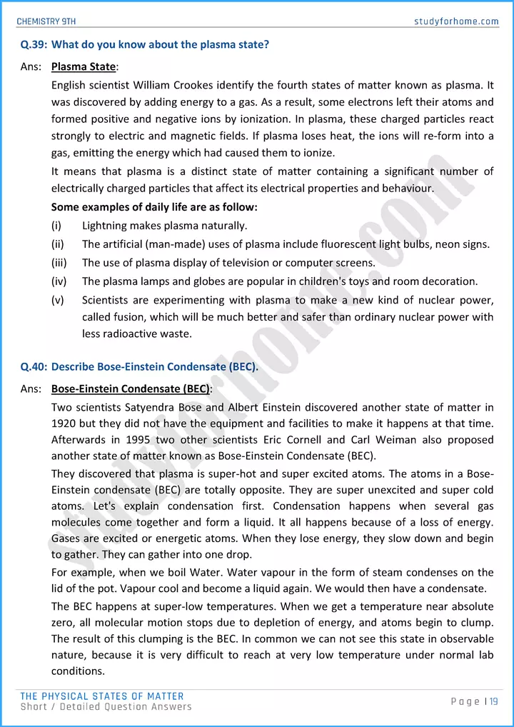 the physical states of matter short and detailed question answers chemistry class 9th 19