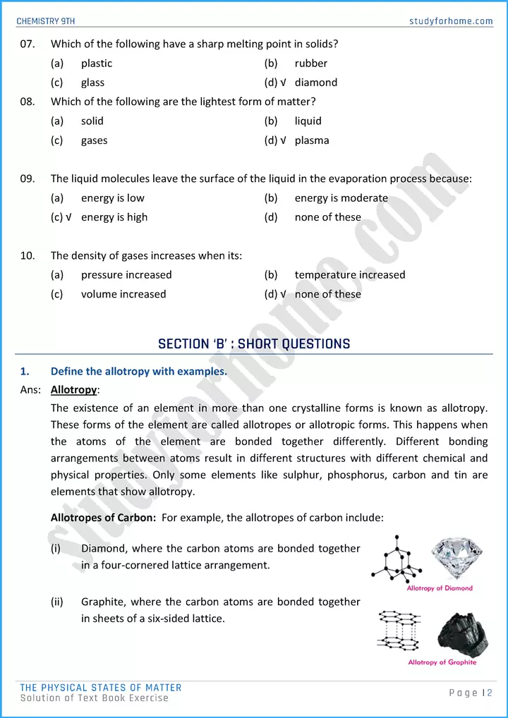 the physical states of matter solution of text book exercise chemistry class 9th 02