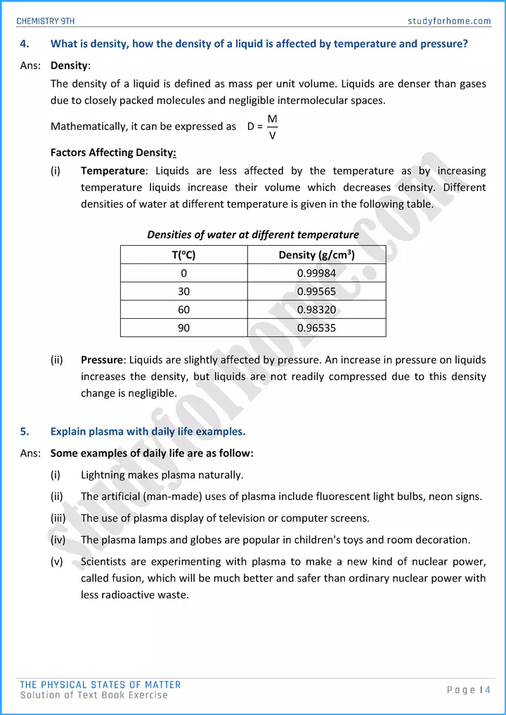 the physical states of matter solution of text book exercise chemistry class 9th 04