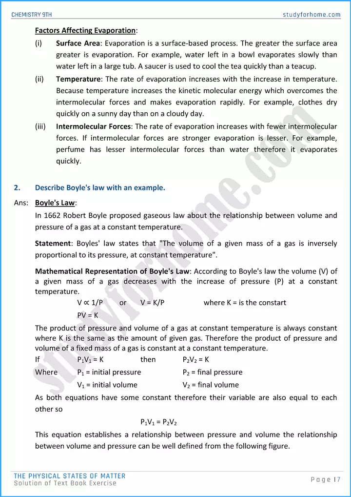 the physical states of matter solution of text book exercise chemistry class 9th 07