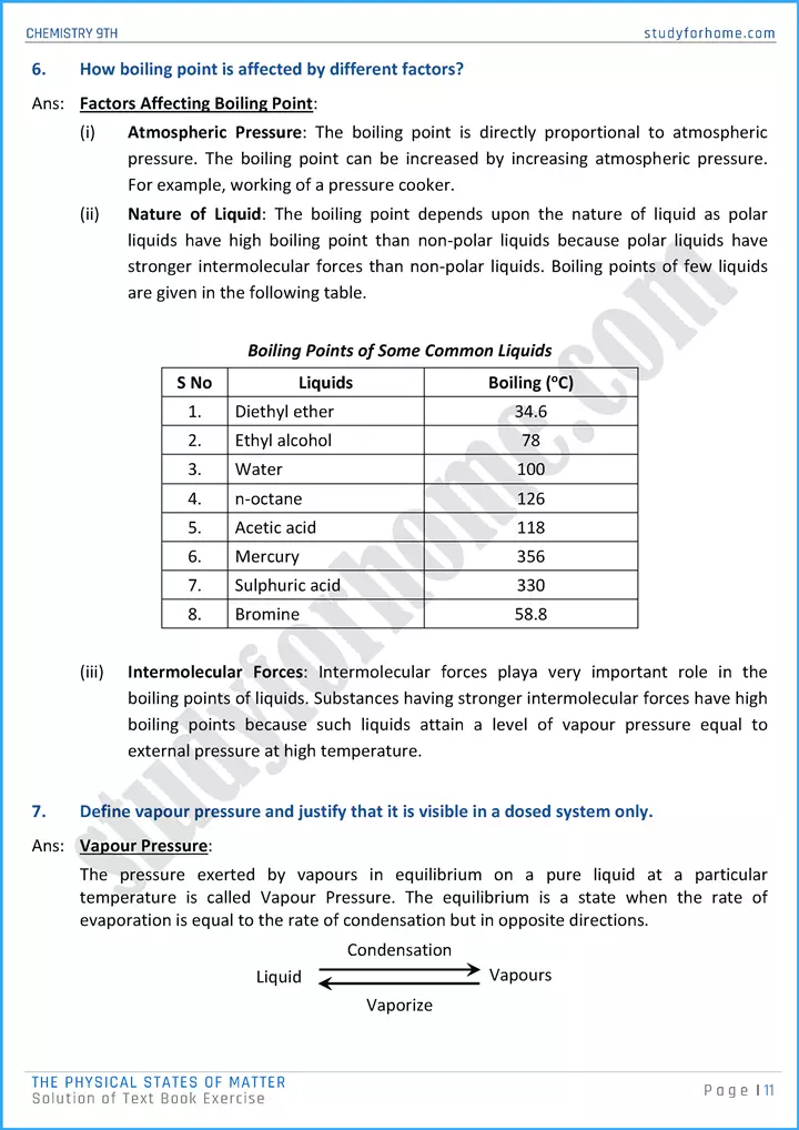 the physical states of matter solution of text book exercise chemistry class 9th 11