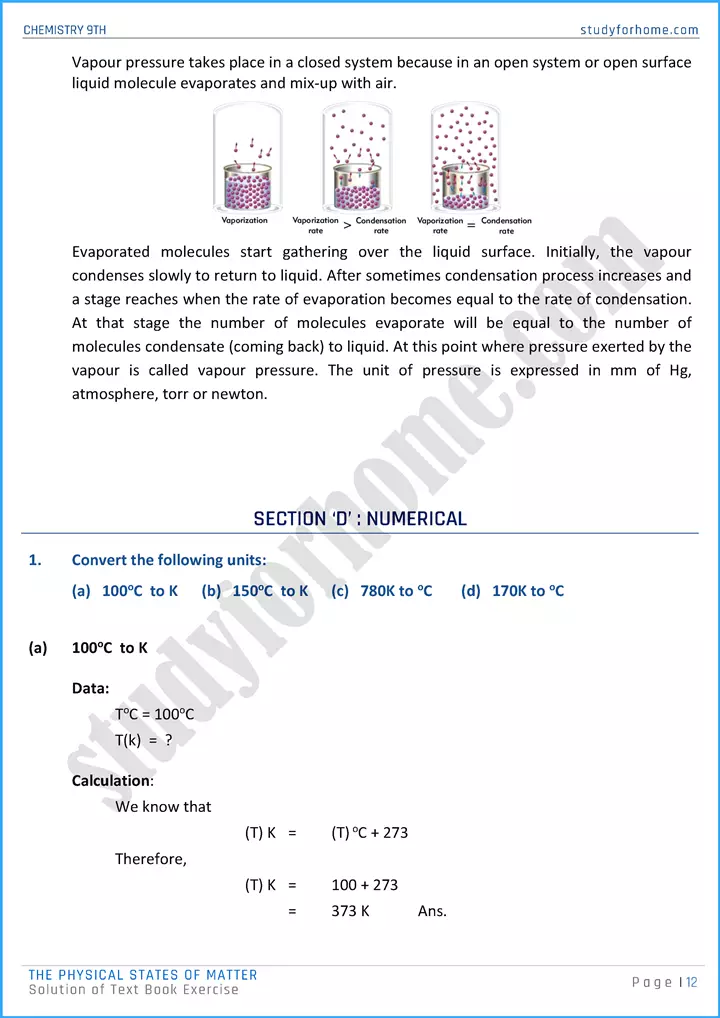 the physical states of matter solution of text book exercise chemistry class 9th 12