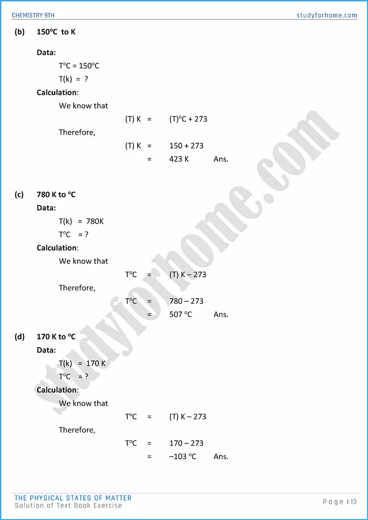 the physical states of matter solution of text book exercise chemistry class 9th 13