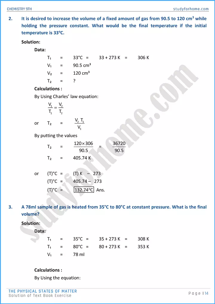 the physical states of matter solution of text book exercise chemistry class 9th 14