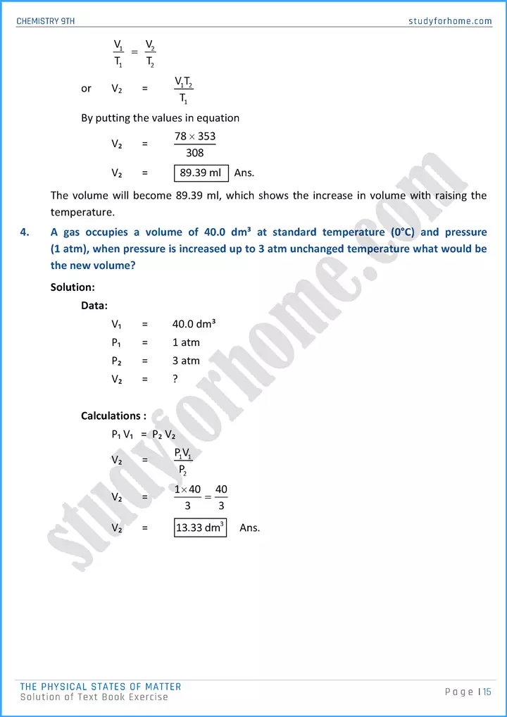 the physical states of matter solution of text book exercise chemistry class 9th 15