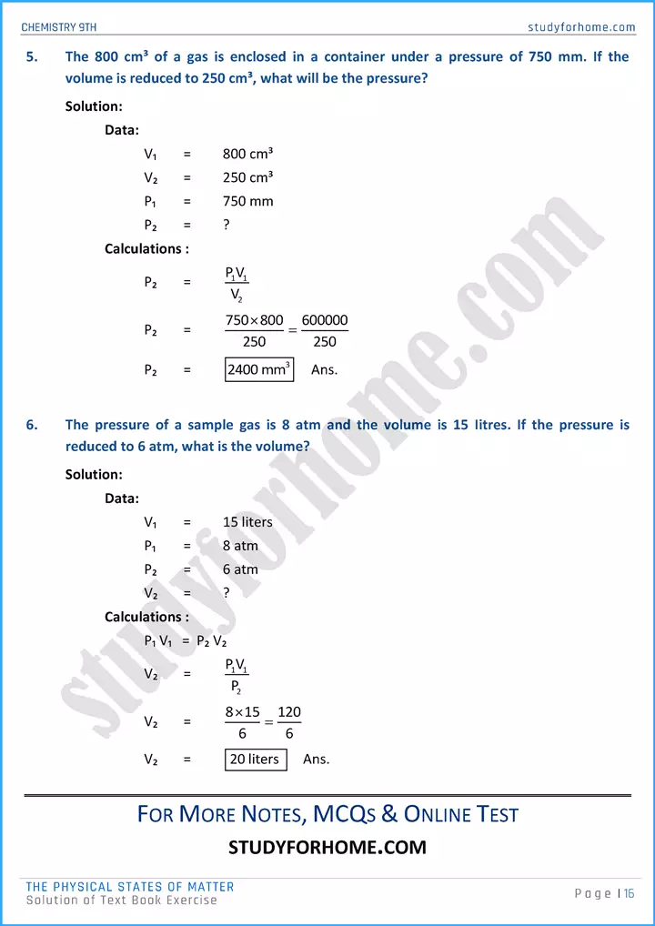 the physical states of matter solution of text book exercise chemistry class 9th 16