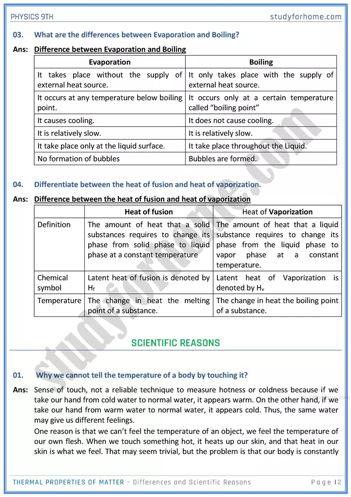 thermal properties of matter differences and scientific reasons physics class 9th 02