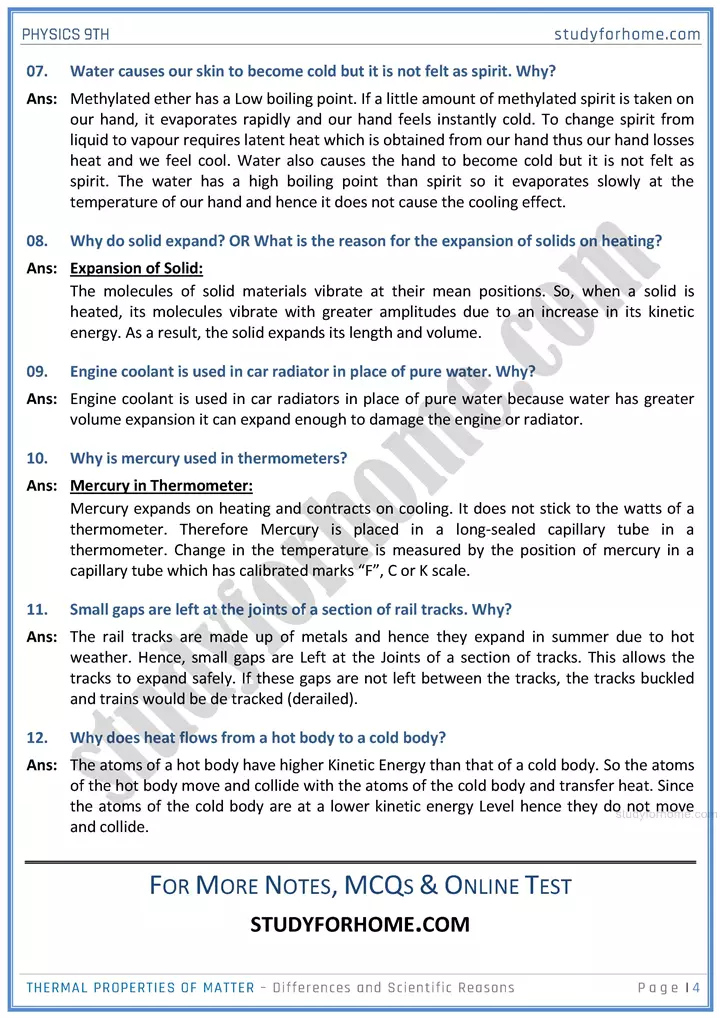 thermal properties of matter differences and scientific reasons physics class 9th 04