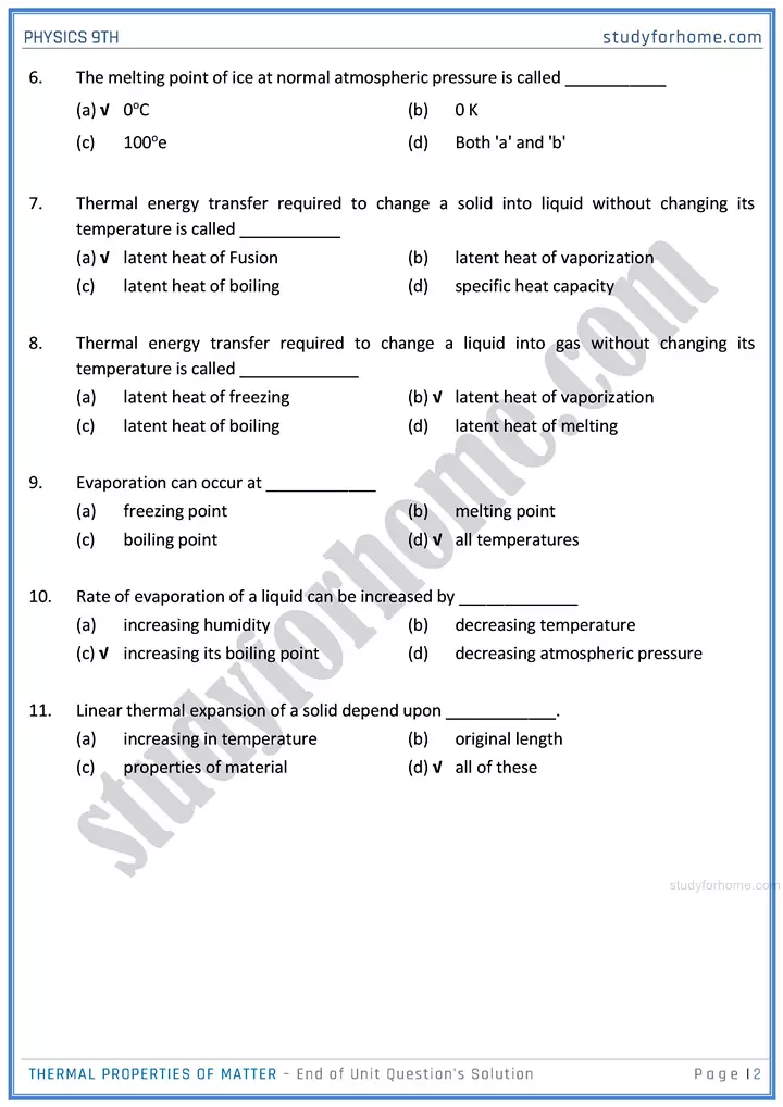 thermal properties of matter end of unit questions solution physics class 9th 02