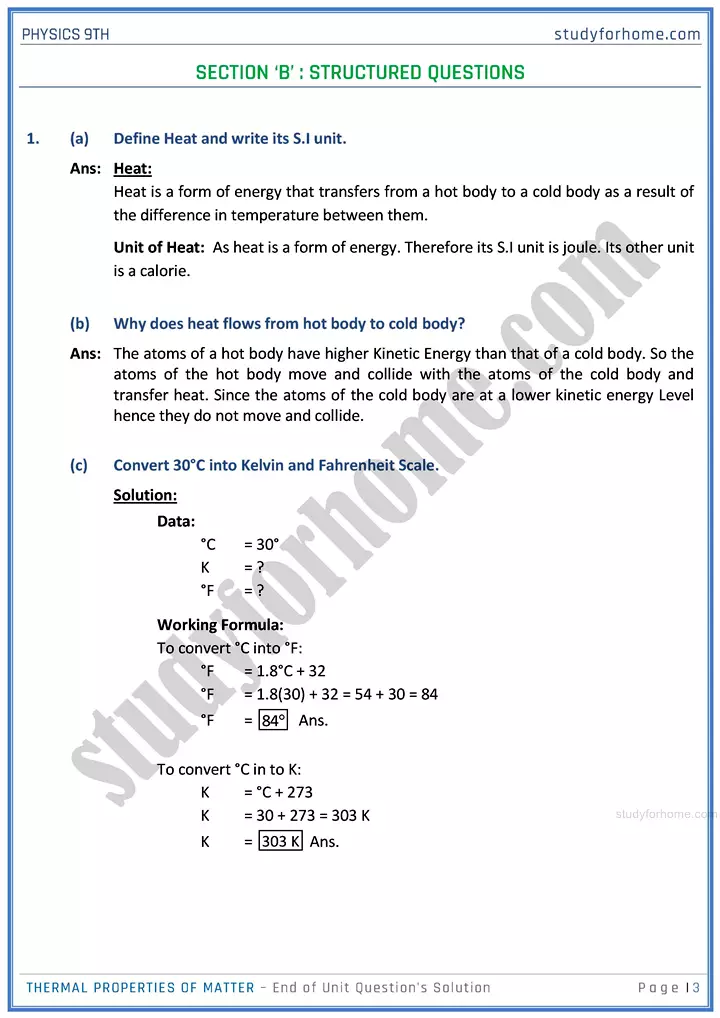 thermal properties of matter end of unit questions solution physics class 9th 03