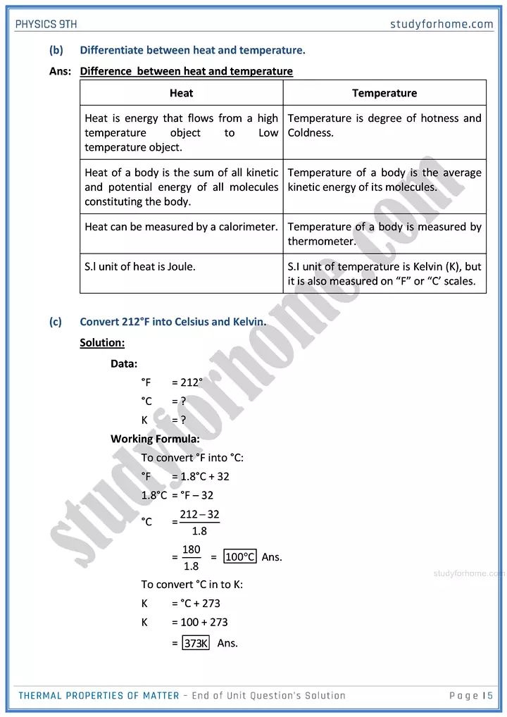 thermal properties of matter end of unit questions solution physics class 9th 05