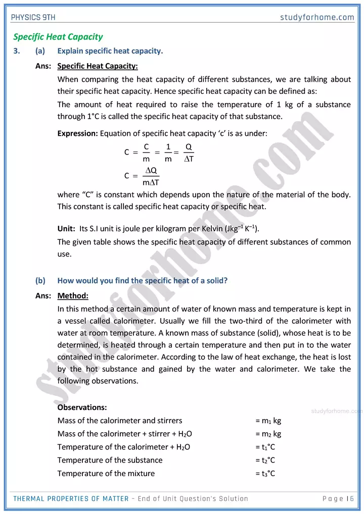 thermal properties of matter end of unit questions solution physics class 9th 06