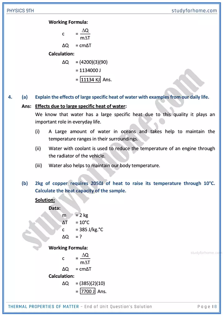 thermal properties of matter end of unit questions solution physics class 9th 08