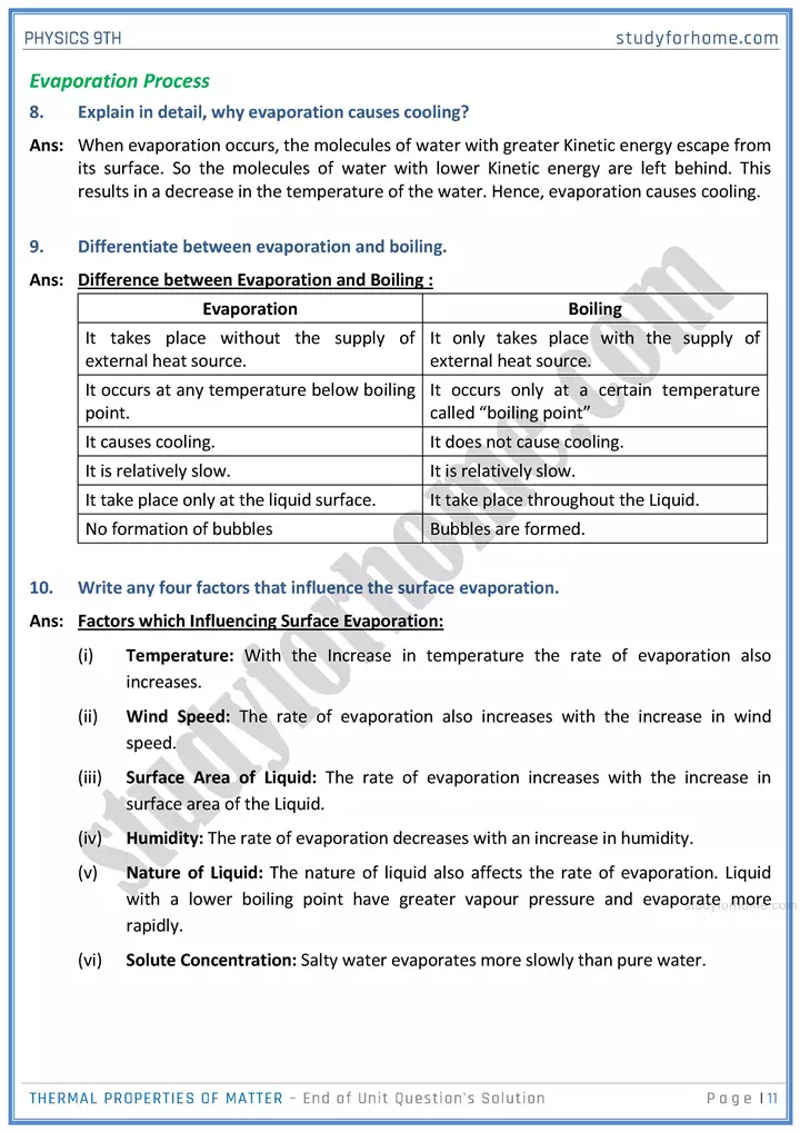 thermal properties of matter end of unit questions solution physics class 9th 11