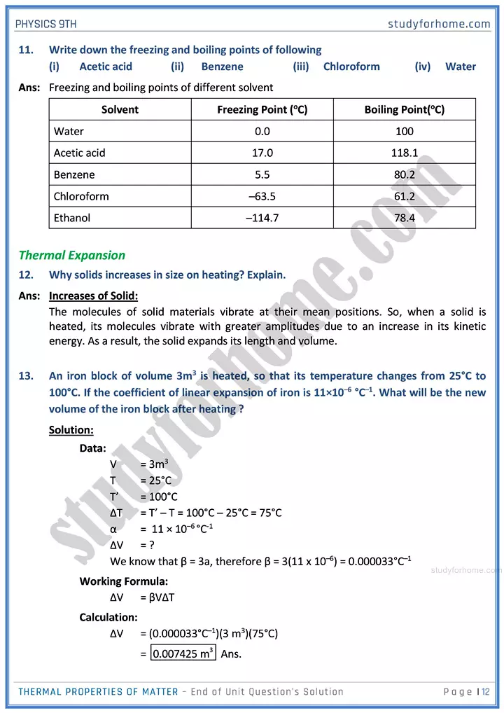 thermal properties of matter end of unit questions solution physics class 9th 12